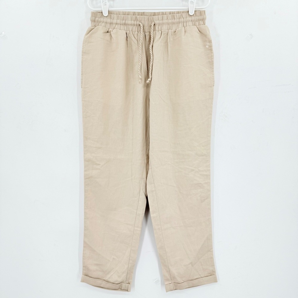 Simply Blessed Women's Khaki Linen Blend Drawstring Waist Cropped Pants XL